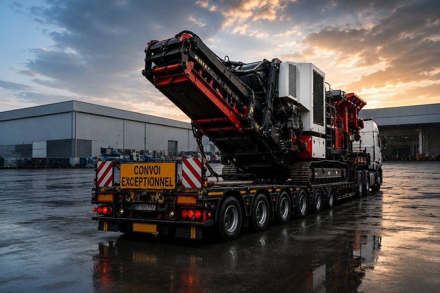 Heavy industrial crushing equipment on a low-loader trailer marked Convoi Exceptionnel, ready for delivery at sunset