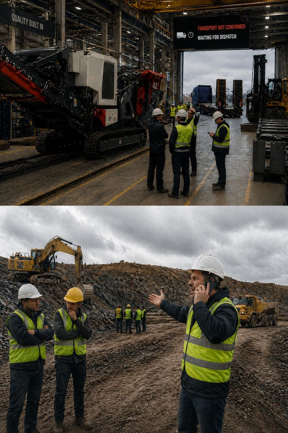 LCE coordinators on site while heavy crushing equipment waits for confirmed transport dispatch