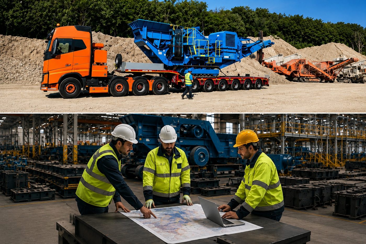 Heavy machinery loaded on a low-loader and LCE team coordinating delivery plans from the factory floor